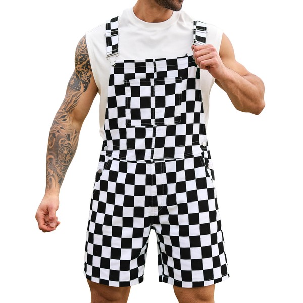 Odefou Checkered Bib Overalls for Men Jumpsuit Shorts Work Coveralls(Black
