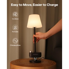 Goodea Cordless Table Lamp with Charging Base, Rechargeable 6000mAh Battery Operated Lamp, 3 Color Dimmable Smart Portable Table Light for Restaurant, Bedroom, Home, Kitchen Counter (White lampshade)