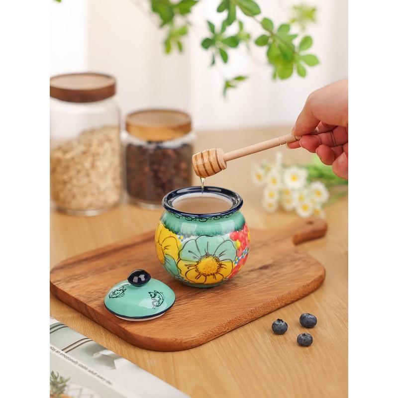 Hand-Painted Ceramic Honey Jar, 8 oz Honey Pot with Dipper