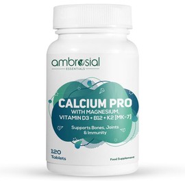 Ambrosial Calcium Pro Vitamin D3 Tablets with Magnesium, Zinc, Vitamin K2 MK-7 & B12, Calcium Citrate Malate Dietary Supplement with Alfalfa & Moringa Extracts for Men & Women, 120 Vegetar