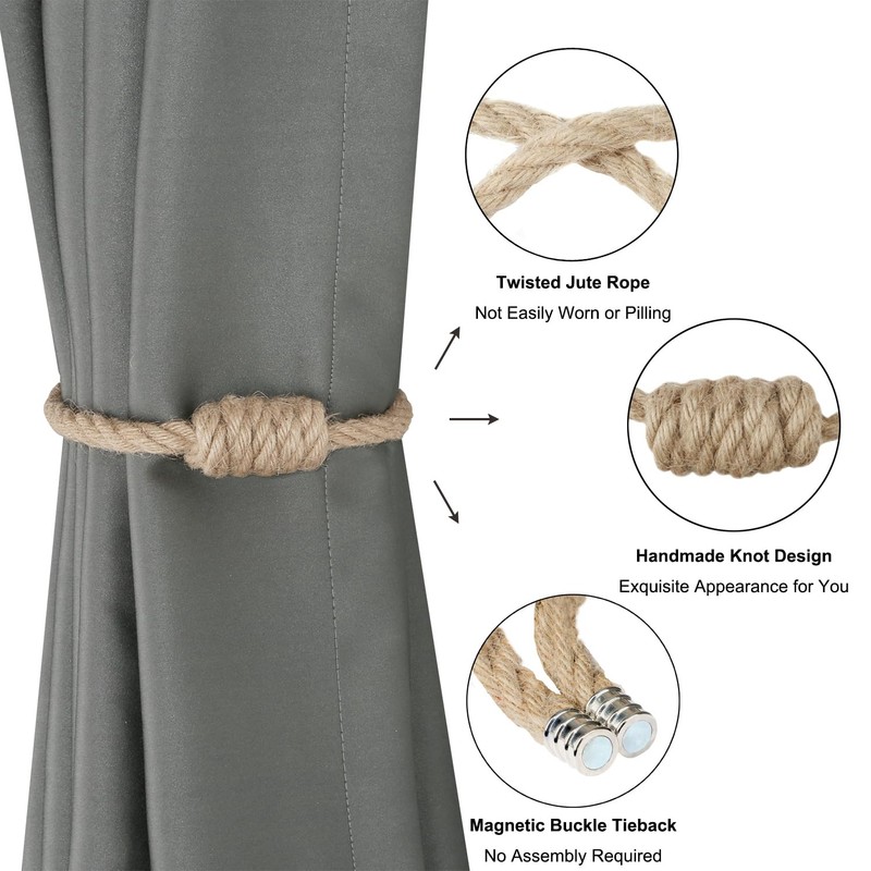 BEL AVENIR Magnetic Jute Curtain Tiebacks, Decorative Drapery Holdbacks Bohemian