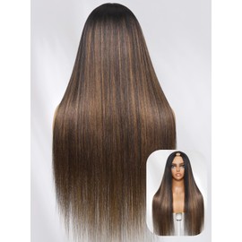 Julia Hair V Part Glueless Wig Human Hair Yaki Straight Highlight Balayage Ombre Brown Upgrade U Part Human Hair Drawstring Clip in Half Wigs No Glue No Lace Ready to Go Beginner Friendly 24 Inch