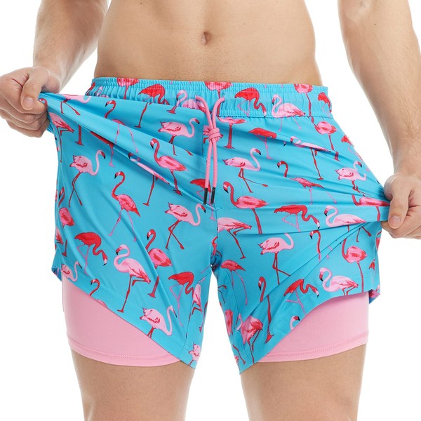 MaaMgic 7" Mens Swim Shorts with Compression Liner 4-Way Stretch Bathing Suit Swimming Shorts with Pockets,Hawaiian Flamingo,L