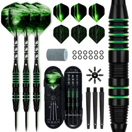 XAWU 3 Pack Steel Tip Darts Set Professional Darts with Case 22g with 9 Dart Flights 3 Aluminum Shafts 3 Spare Shafts 1 Dart Sharpener 12 Rubber O-Rings Flight Protector