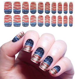 YIZHUO 4th of July Sparkling Semi-Cured Gel Nail Strips Kit - 20 Salon-Grade Strips with Glitter, UV/LED Light Activated, Easy DIY Manicure for Long-Lasting Independence Day Nails