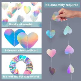 PheiLa 52 Feet Love-Heart Garland Shiny Iridescent Heart Streamers Holographic Paper Garland for Valentines Day Birthday Wedding Engagement Bridal Shower Bachelorette Winter Christmas Decoration