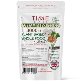 Vitamin D3, D2, K2, Natural Wholefood Plant Based 3000IU - Zero Additives - Pullulan (120 Capsule Pouch)