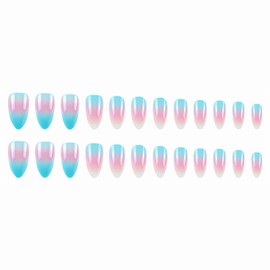 MISUD Almond Press on Nails Medium Fake Nails Glossy Glue on Nails Pink Blue Ombre Acrylic Nail Supplies Stiletto Artificial Nail Art Summer Gradient Stick on False Nails with Design DIY 24 pcs