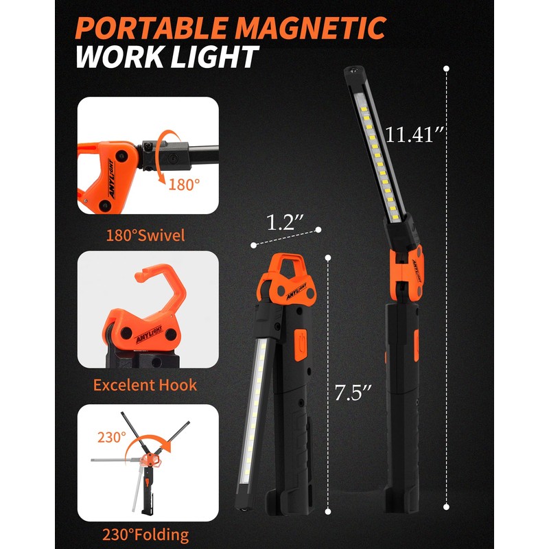 Anylight Led Work Light,400LM Foldable Mechanic Light, Rechargeable Flashlight with