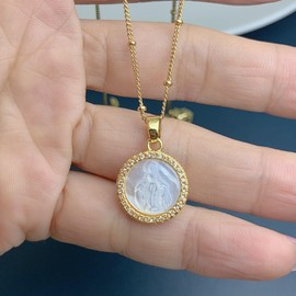 Mother of Pearl 18K Gold Plated Necklace Virgin Mary Medal,Pearl Miraculous Medal Faith Necklace Women