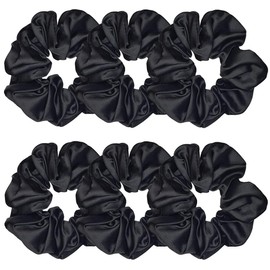 6Pack Silk Satin Scrunchies & Gentle Hair Bands, Soft & Elastic, Anti-Frizz, Hypoallergenic Ponytail Holders, Luxurious Silk Hair Ties for Women&Girls, Elegant Hair Accessories, Soften Hair Scrunchies (Black)