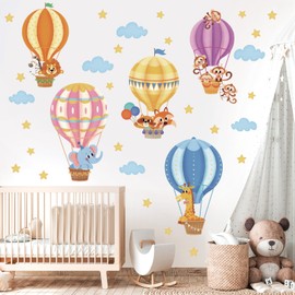 DECOWALL SG-2214 Animals in Hot Air Balloons Kids Wall Stickers Elephant Giraffe Monkey Decals Removable for Baby Nursery Bedroom Living Room Playroom Home Décor
