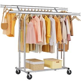 Tajsoon Double Rod Clothes Rack 480 LBS, Heavy Duty Clothing Rack with Wheels, Collapsible Clothes Rack for Hanging Clothes, Commercial Rolling Garment Rack with Shelf, Chrome