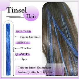 Hair Tinsel Tape in Tinsel Hair Extensions 12 Pcs Sparkly Heat Resistant Glitter Fairy hair Accessories 22 Inch Long Party Festival Colored Hair Extensions for Girls Women (Blue)