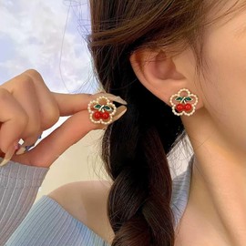 Yheakne Vintage Pearl Cherry Earrings Acrylic Cherry Pearl Stud Earrings Red Cherry Stud Earrings White Pearl Flower Earrings Jewellery for Women and Girls