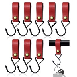 Modixun 8 Pieces Leather S Hooks, Metal S Shaped Hanging Hooks Camping Hooks Stroller Hooks Leather Hooks for Coat Towel Kitchen Bathroom Red