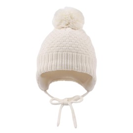 MniJiza Baby Girls Winter Hat Toddler Earflap Pompom Beanie Hat Infant Boys Fleece Lined Hats Baby Knit Hat Fall (6-24M, White)