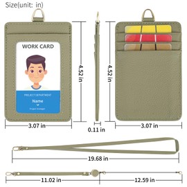 Wason Badge Holder ID Card Wallet Real Leather Case with Detachable Neck Lanyard, Hand Strap, Retractable Badge Reel - 5 Card Slots for Students Teachers Nurses Doctors Engineers (Light Green)