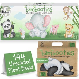 Bambooties Bamboo Baby Diapers, Totally Chlorine Free for Sensitive Skin for Newborns to XXL. Hypoallergenic & Non Toxic Eco Friendlier Plant-Based Materials. TCF XL Size 5 Diapers (144 ct)