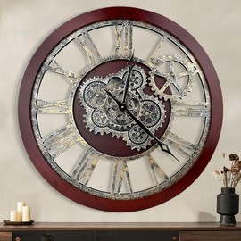 HOIBAI Large Wall Clock, 18 Inch Wall Clocks for Living Room Decor Farmhouse Vintage Rustic Kitchen Wall Decor Vintage Roman Big Oversized Wall Clock for Home Bedroom House Office, Moving Gears Clock