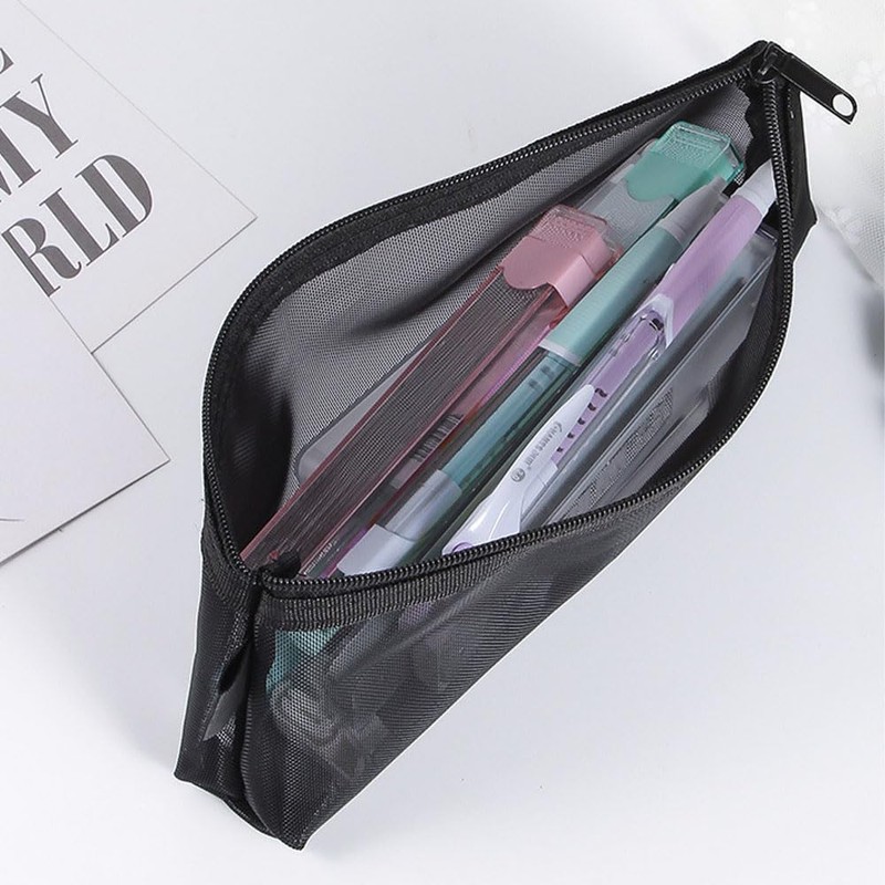 5Pcs Mesh Zipper Pencil Pouch Set, Black Nylon Pencil Case