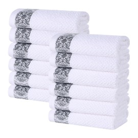 Superior Medallion Cotton Face Towels/Washcloths, Absorbent, Textured Jacquard, Quick-Dry, Shower, Spa, Kitchen Basics, Bathroom Essentials, Small Towels, Washcloth 12 Pack, Set of 12, White-Grey