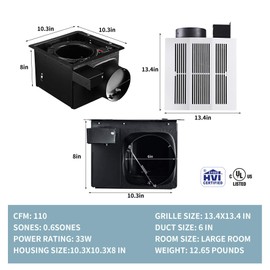 Tech Drive Bathroom Ventilation and Exhaust Fan with Humidity sensor,110CFM 0.8 Sones with 6inch Duct