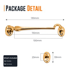 Pack 2 Brass Cabin Hook | 100mm Cabin Door Hook and Eye Latch | Eye Silent Catch Door Latch Holder with Screws | Brass Door Hook Lock for Window, Garden Gate & Door | Outside Door Hook (Brass, 100mm)