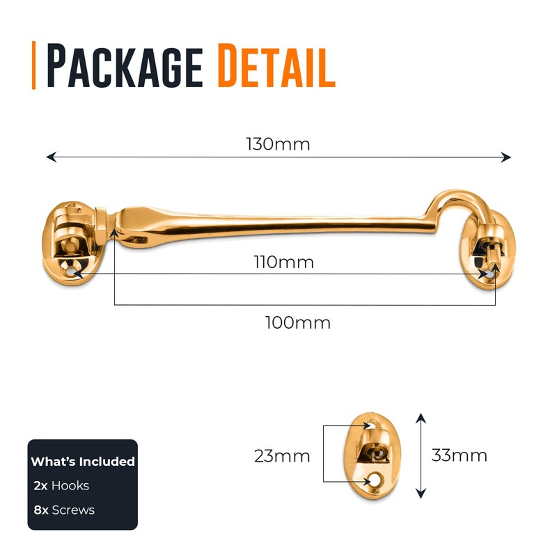Pack 2 Brass Cabin Hook | 100mm Cabin Door Hook