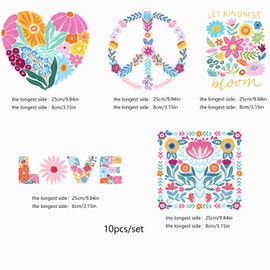 Parches de transferencia de calor de flores para camisetas, ropa lavable con texto en inglés "Kindness Love Iron On" - 10 unidades de calcomanías adhesivas para decoración con aplicaciones de