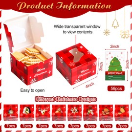 Sliner 56 Pack Christmas Cookie Boxes with Window 4 x 4 x 3 Inches Small Paper Bakery Treat Boxes Christmas Candy Cookie Macaron Boxes with Gift Tags and Elastic Rope for Xmas Party Supplies(Classic)