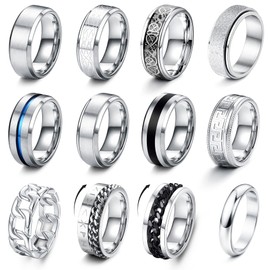 JeryWe 12 PCS Anxiety Fidget Ring for Men Women Stainless Steel Rings Men Ring Set Cool Spinner Chain Rings Matching Rings, Cool Spinner Ring Stress Relieving Ring for Men Size 7-13
