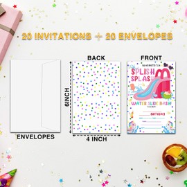 Water Slide Birthday Invitations For Kids Girls Boys, Summer Waterslide Pool Party Birthday Party Invitation Cards, Birthday Party Decor Supplies - 20 Fill In Invitations With Envelopes (D14)