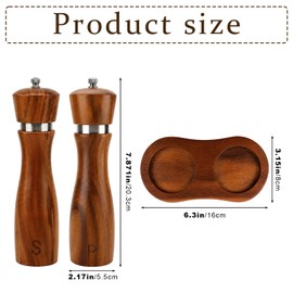 2Pcs Wooden Salt and Pepper Grinder, 8-inch Oak Mill Adjustable Ceramic Core, 2 Refillable Mills with Wooden Spoon and Base, Kitchen Cooking Tool