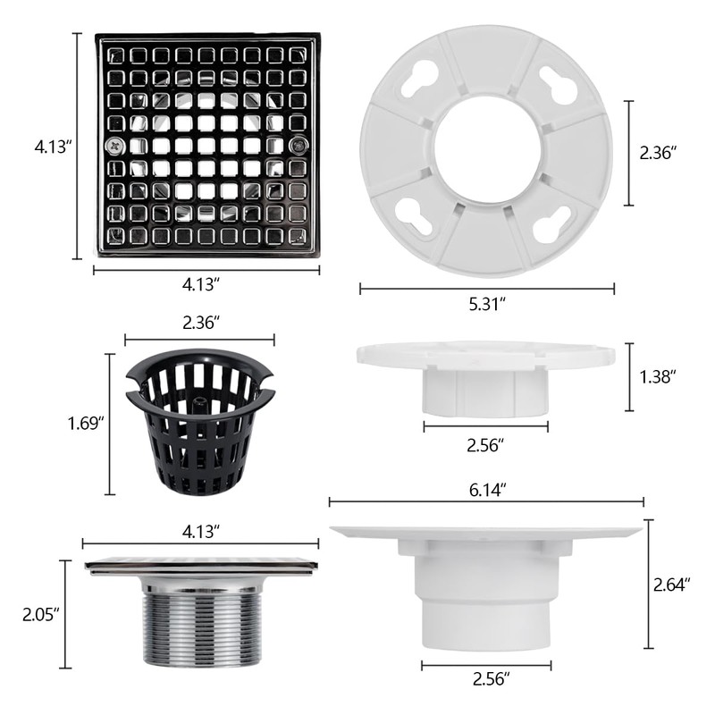 Uni-Green Chrome 4 Inch Square Shower Drain with PVC Flange