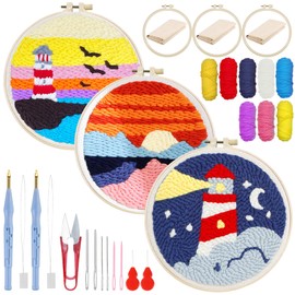 Attuslla 3 Set Punch Needle Embroidery Kits, Punch Needle Kits for Adults Beginner with Color Pattern, Plastic Hoop, Yarn and Instruction (Lighthouse and Sunset)