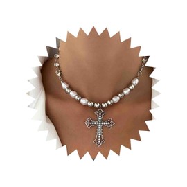 Atentuyi Punk Rock Gothic Big Cross Necklace Silver Religious Necklace Cz Cross Pendant Necklace Pearl Bead Choker Crystal Chain Vintage Necklace Jewelry for Women and Girls