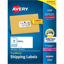 Avery Mailing Labels with TrueBlock Technology for Laser Printers, 2 Inch x 4 Inch, 10-Up, White, Box of 1000 (5163)