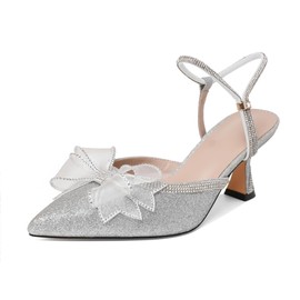 Joseywade Silver Rhinestone Bow Heels Slingback Low Kitten Heels Pumps Sparkly Sequin Glitter Bow Closed Pointed Toe Women Ankle Strap Heels Shoes for Wedding Brides Party Evening US Size 7