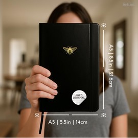SETTINI Black Bee Lined Writing Journal - Bee Gift for Women, A5 Hardcover Notebook, 192 Pages, Vegan Leather, Lay-Flat, Inner Pocket, Bookmark