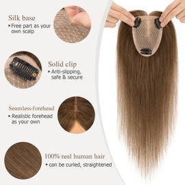 Hairro Hair Toppers, 14 inch Medium Brown 100% Real Human Hair Toppers for Women, 9x12cm Hand-Tied Silk Base Hair Topper, Clip in Hair Piece Cover Thinning Hair