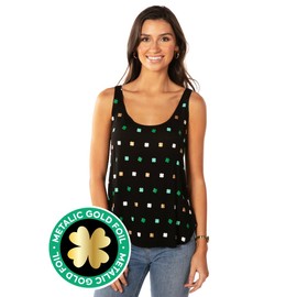 Tipsy Elves Allover Green White and Gold Clover Print Women's Black Tank Top Size S