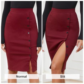 Byinns Women's 2025 High Waist Pencil Skirt Button Slit Work Skirts Plaid Business Bodycon Midi Skirt Knee Length Wine Red