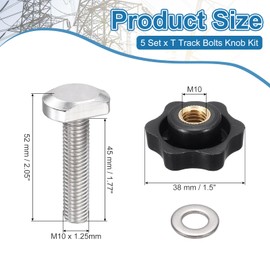 PATIKIL t Track Bolts Knob Kit, 5 Set M10 x 45mm x 38mm Threaded Bolts with Washers and 6-Star Knobs Nuts t Track Accessories for Woodworking Jigs and Fixtures, Silver Black