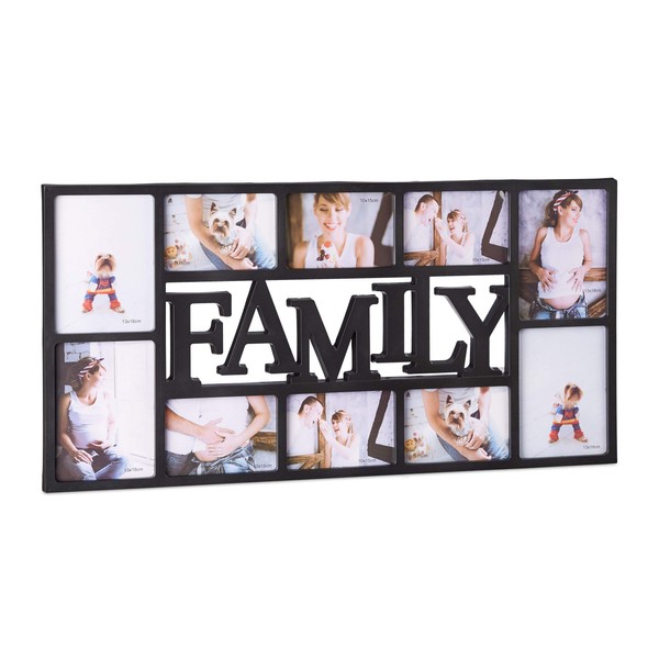 Relaxdays family photo frame, 10 pictures collage for hanging, H x W x D: 36.5 x 72 x 2 cm, in black and white