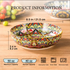 Henten Home Porcelain Pasta Bowls Set of 2, Ceramic 50 oz Soup Bowl, Colorful Large Salad Bowls, Bohemia Style Serving Bowls Set for Noodles, Microwave & Dishwasher Safe