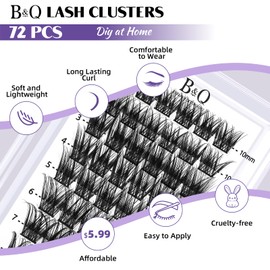 B&Q Lash Clusters 72 PCS Individual Lashes 10-16mm Eyelash C D Curl Mixed Cluster Extensions Natural Wispy Beginner Reusable Extension Lasting Lash(FD-DV02-MIX)
