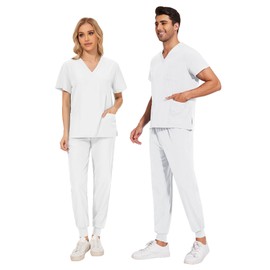 Maizoon Medical Overalls Suit Unisex Scrubs for Women Set V Neck Top with 2 Pockets Short Sleeve