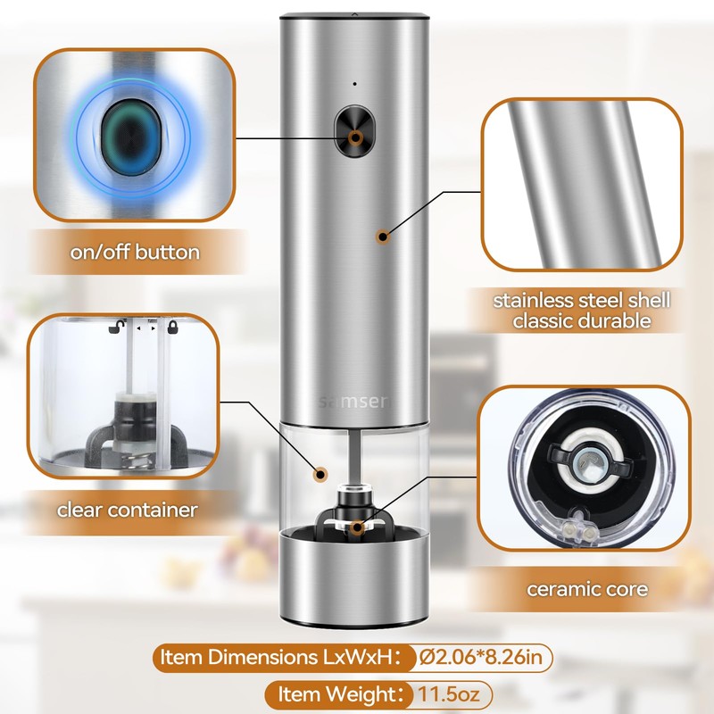 Electric Pepper Grinder & Salt Mill - Battery Operated Stainless