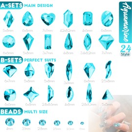qiipii 24 Styles Aquamarine Nail Rhinestones Lake Blue Stones Diamonds K9 Glass Flatback Water Blue Crystals Gems Jewels Nail Art Charms Supplies for Nails Face Eyes Makeup DIY Crafts Tumblers Clothes